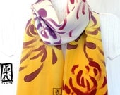 Hand Painted Silk Scarf, Yellow Floral Scarf. Golden Yellow Beige Ombre Chrysanthemum Scarf. Silk Charmeuse. 8x52 in. Made to order.