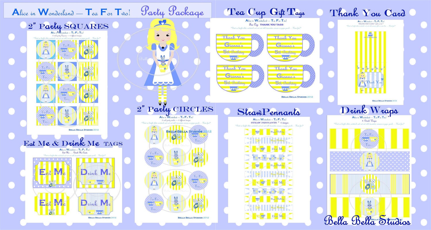 ALICE in Wonderland Party Tea for Two  - CUSTOMIZED PRINTABLE Birthday Party Collection Bella Bella Studios