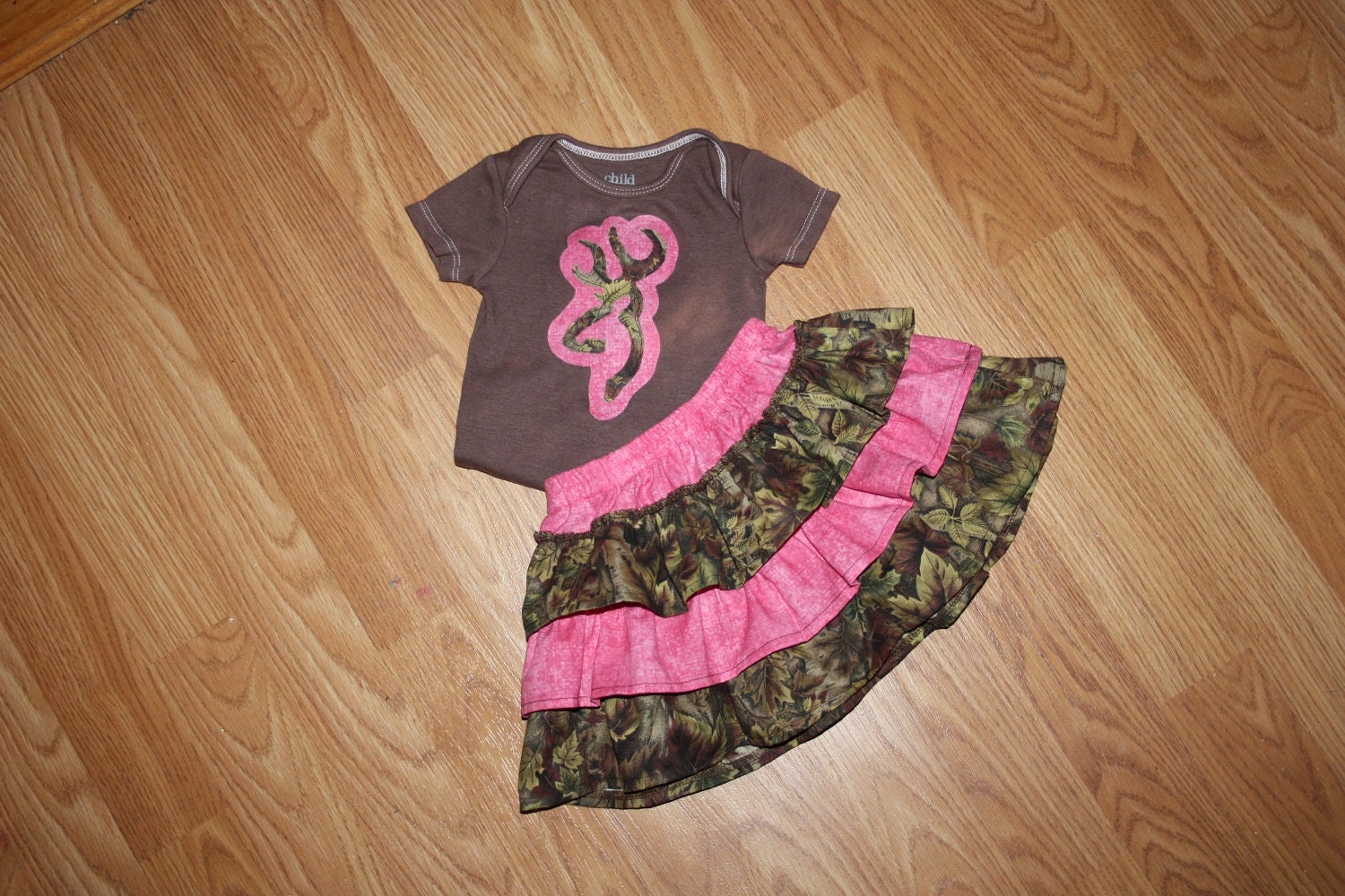 Baby Girls Deer Camo and pink Outfit - Ruffle Skirt with Matching Shirt - skirt sizes Newborn to 4t with shirt size or onesie