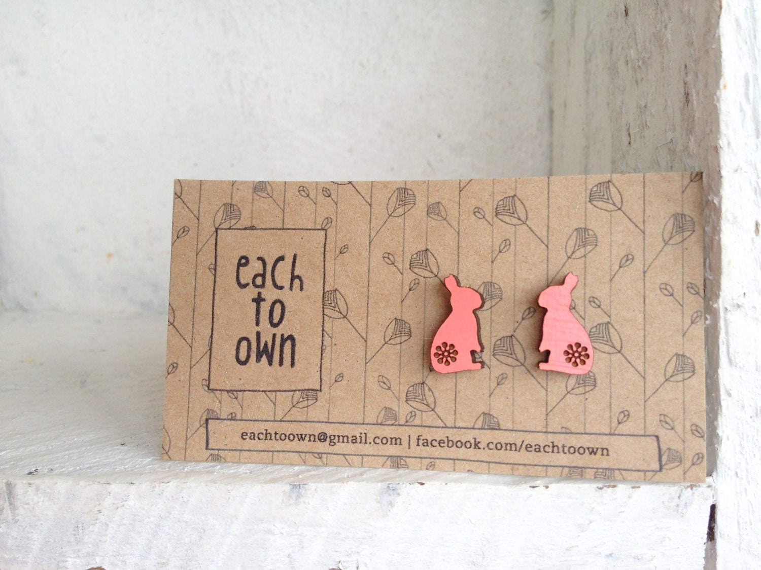Summer Love Bunny Wooden Studs in Watermelon Pink - Laser Cut Wood Hand Painted Rabbit Earrings