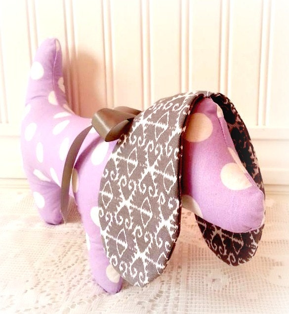 Purple polka dot dachshund with grey ears