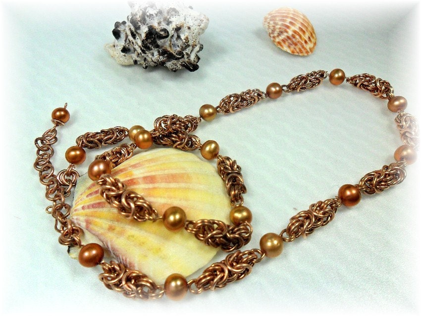 Chainmaille Necklace-Bronze Wire-Freshwater Pearls by ChicArtistique-on Etsy