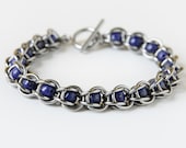 Beaded chainmaille bracelet - lapis beads - caged chainmail