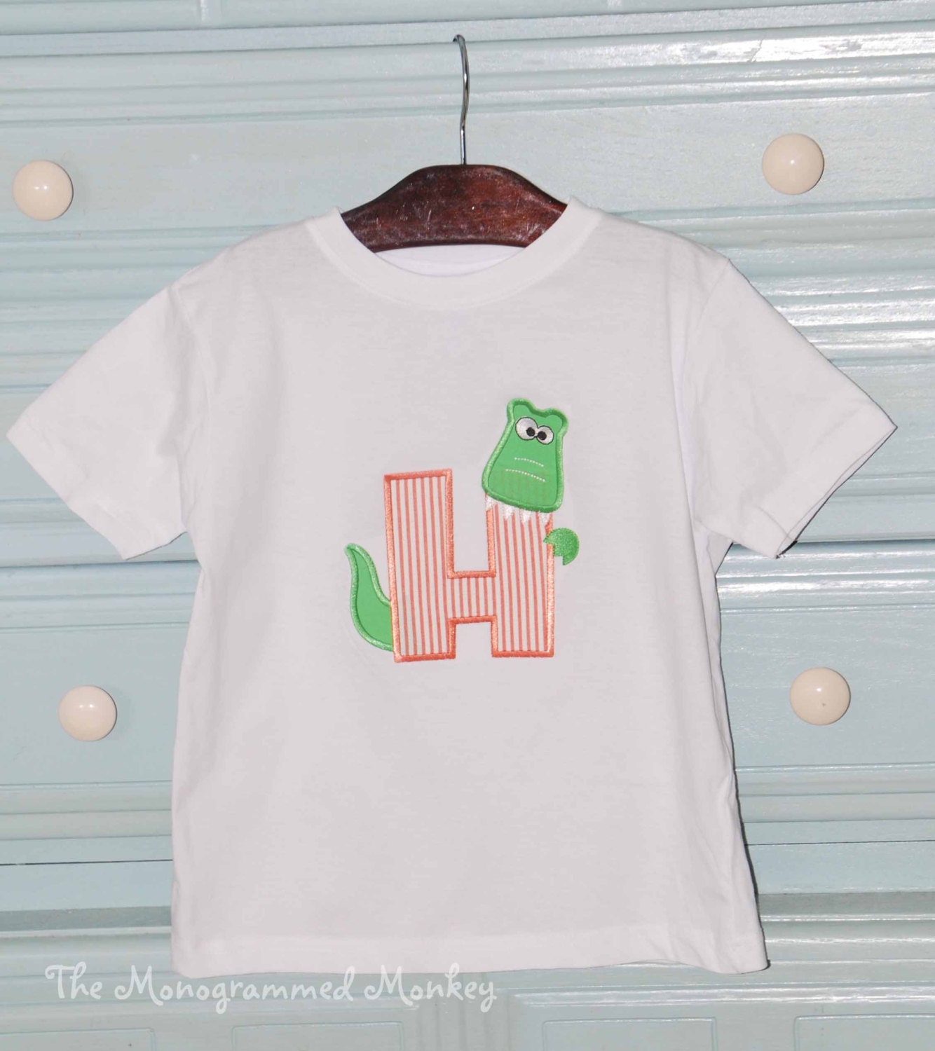 Personalized monogrammed applique Alligator Initial embroidered seersucker onesie t shirt tshirt tee boys girls short sleeves