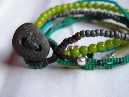 Beaded Bracelet with Beaded Loop Clasp and River Rock Button