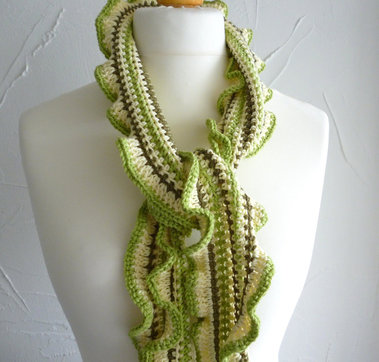 Frilly crochet scarf  - organic cotton - green yellow stripes - wool free vegan - seaweed - eco friendly