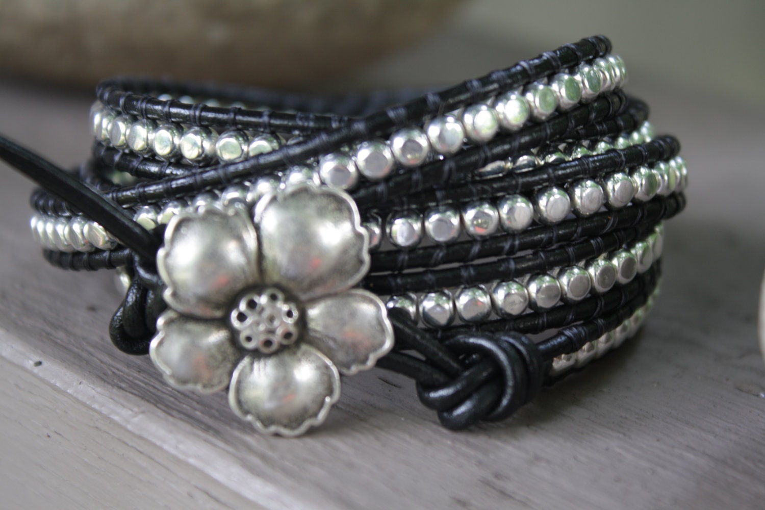 5x Wrap Silver Rounded Cube Beaded Black Leather Wrap Bracelet - Chan Luu Style