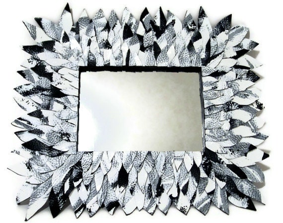 Black and White Leather Feather Mirror, Small Mirror, Hanging Mirror, Gift for Mothers Day