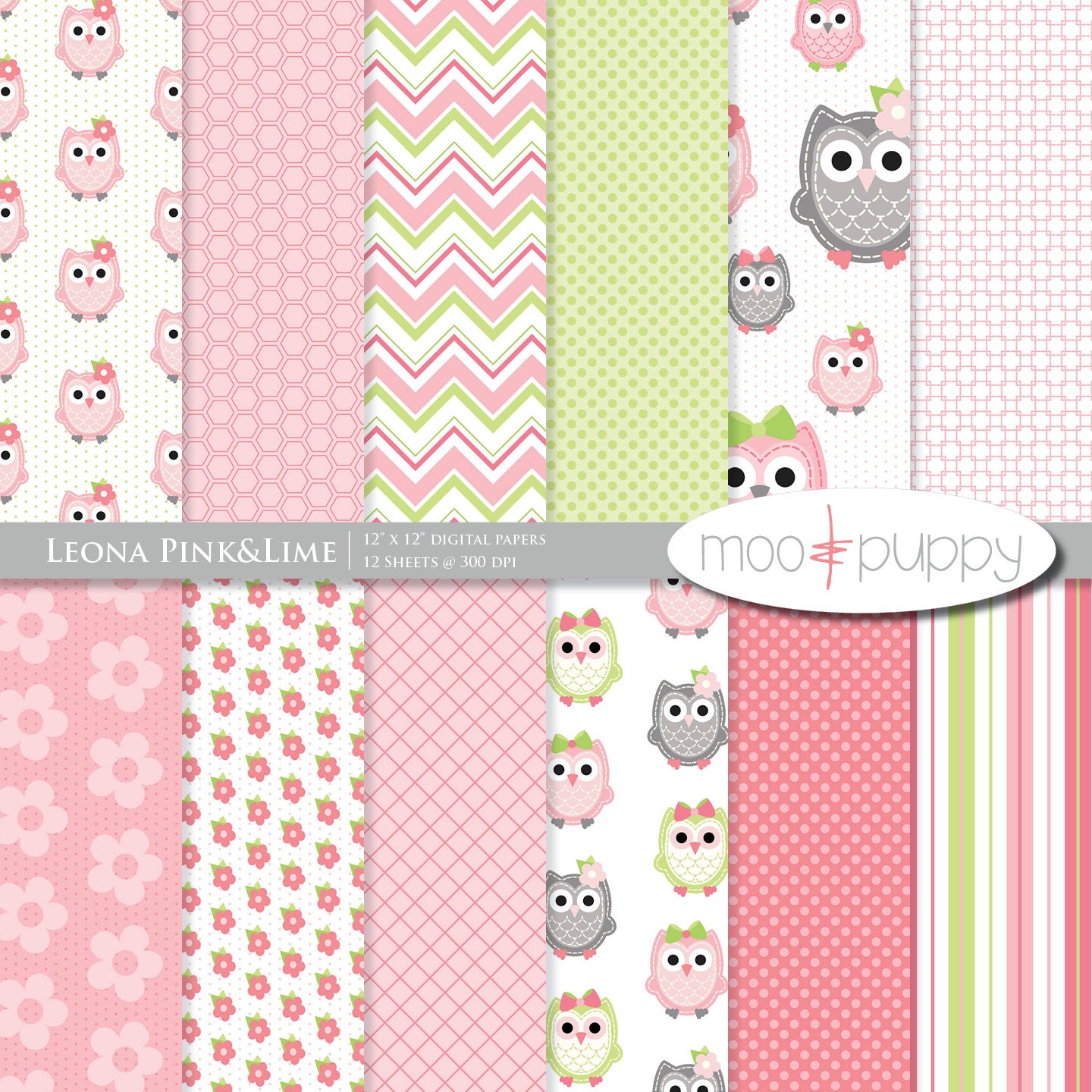 Owl Digital Scrapbook Paper  -  Leona Pink&Lime  -- 8.5x11 and 12x12  -  INSTANT DOWNLOAD