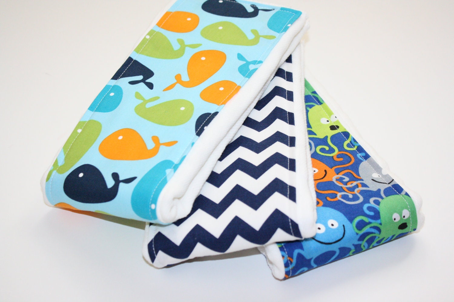 SALE - Baby Burp Cloths - Set of 3 - Urban Zoologie Whales, Chevrons and Organic Cotton Octopus