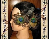 2x PEACOCK feather FASCINATOR - hair clip STEAMPUNK and burlesque Tribal Fusion Belly Dance hair jewelry Goth headpiece barrette