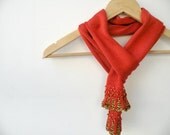 Hand Knit Ascot - Burnt Orange Scarf with Brown Wooden Beaded