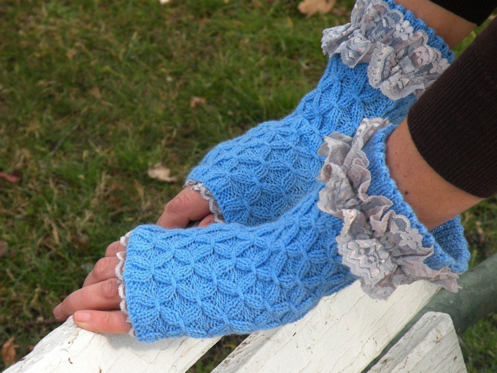 Hand Knit Romantic Look in these Blue Fingerless Mitts