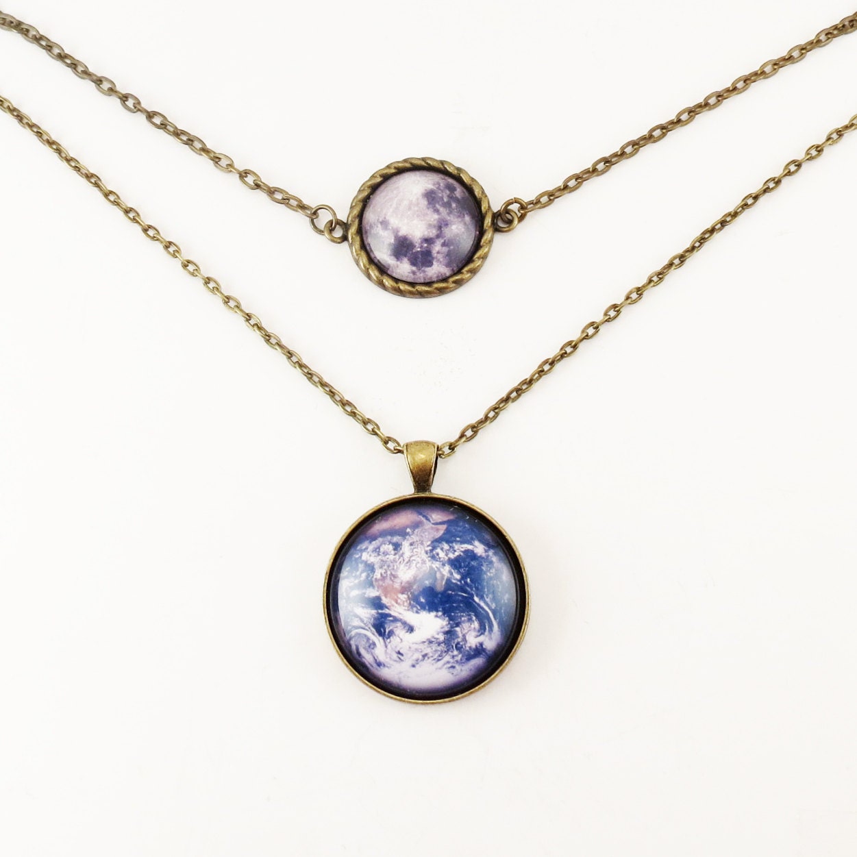 Earth And Full Moon Two Tier Necklace, Multi Strand Necklace - cellsdividing
