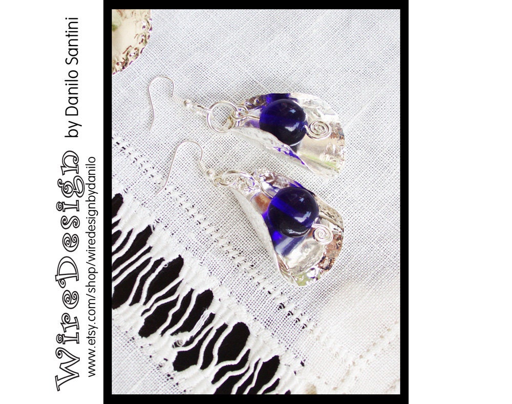 Reclaimed bottle caps Earrings with Blue Glass Beads - Upcycled - Recycled - Silver plated