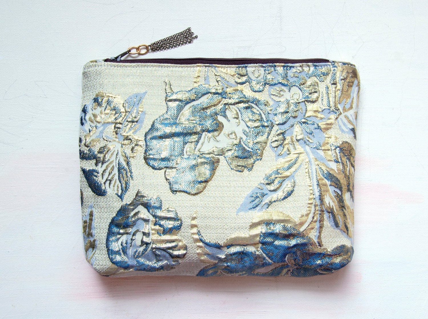 O C E A N BLUE Metallic Clutch. Metallic Floral Make Up Bag