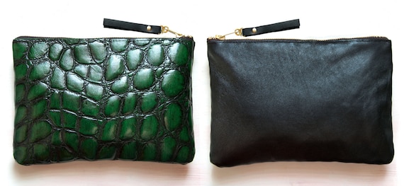 E M E R A L D Green and Black Leather Clutch. Leather Green Emerald Clutch Gator Black.