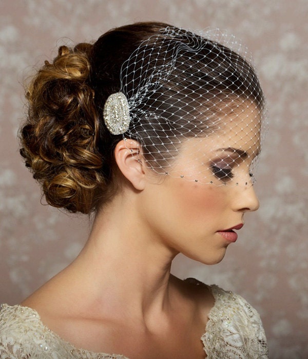 Wedding Veil with Rhinestone edge, Bandeau Birdcage Veil, Rhinestone Veil, Crystal Veil, Bird Cage Veil - Made to Order - VALENTINA