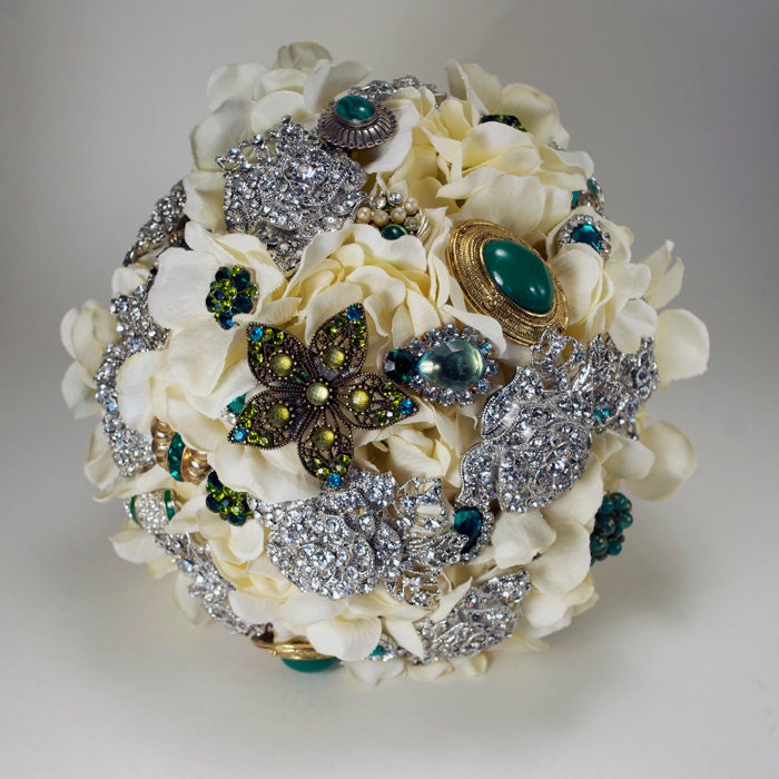 Green Wedding Brooch Bouquet, Bridal Bouquet, Wedding Bouquet, Crystal Bouquet - Ready to Ship