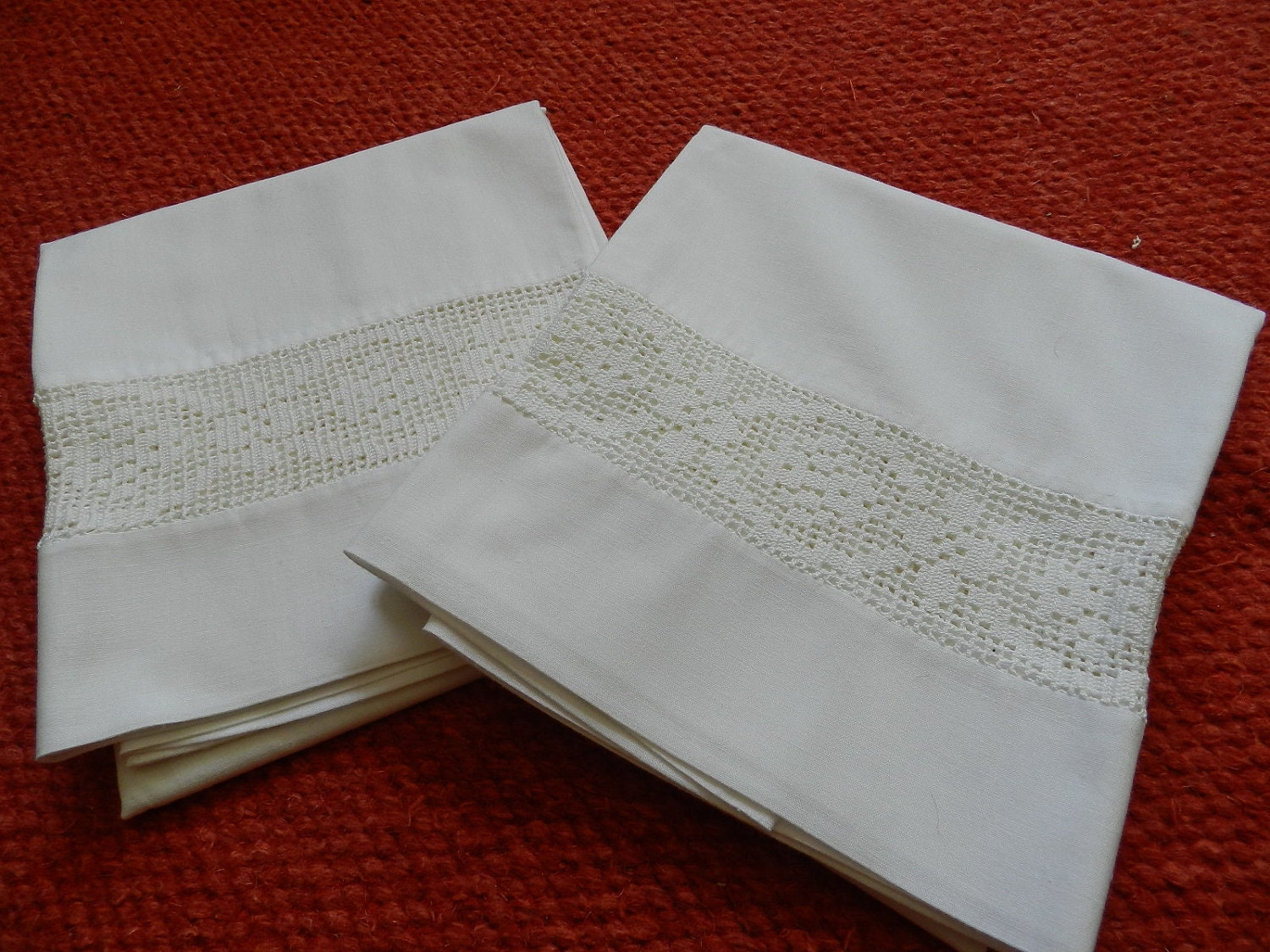 Vintage White Pillowcases with Lace Crochet Insert Set of 2