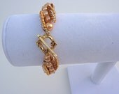 Champagne Crystazzi Pearl Woven Bracelet With Deep Copper, Bright Coppery Gold, and Silver Accent Czech Glass and Japanese Toho Seed Beads