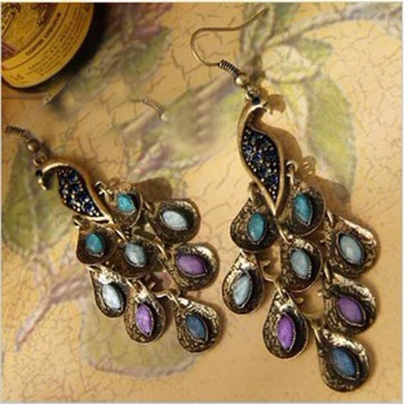 Crystal Peacock Earrings Blue Peacock Feather Earrings Charm Earrings Women or Girls Earrings E001