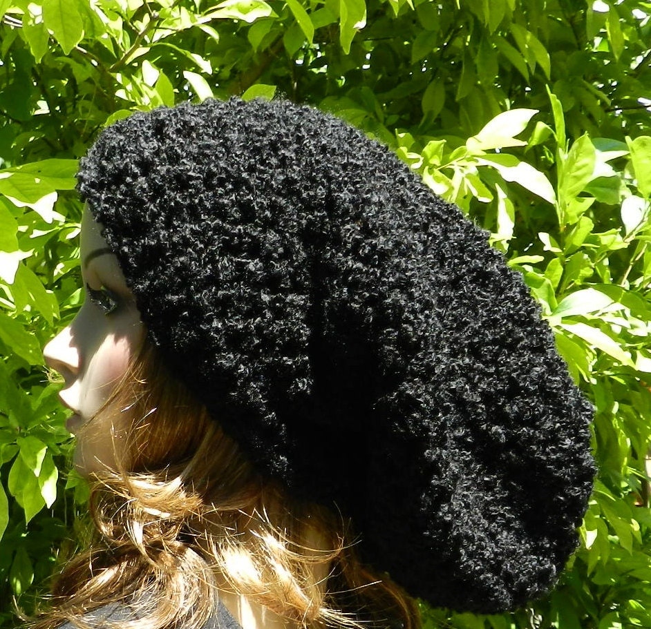 hand crocheted HIPPIE Hat Women/Teen Extra Large Beanie super chunky Slouch Hat, Rasta Cap, Chunky Baggy - Black