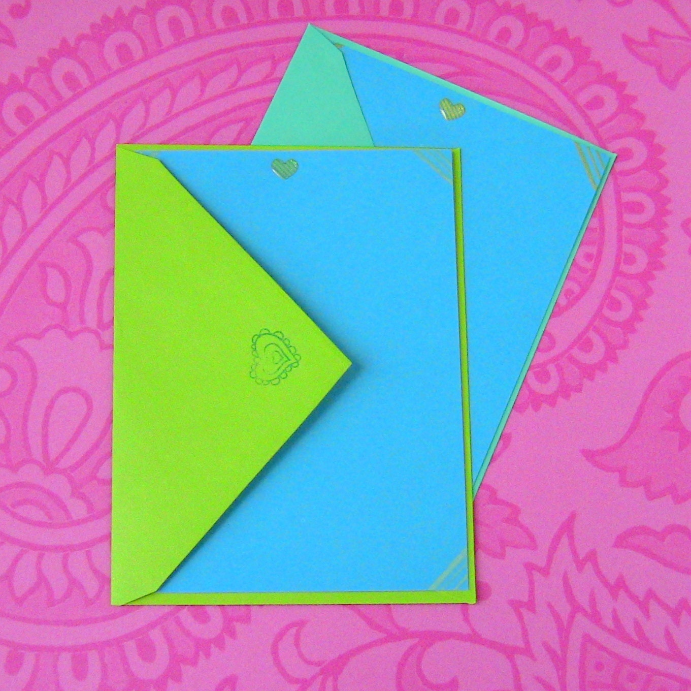 Blue Hearts Striped with Turquoise and Lime Green Note Cards / Everyday Stationery Perfect Gift for A Tom Boy Set of 8 - Ready To Ship