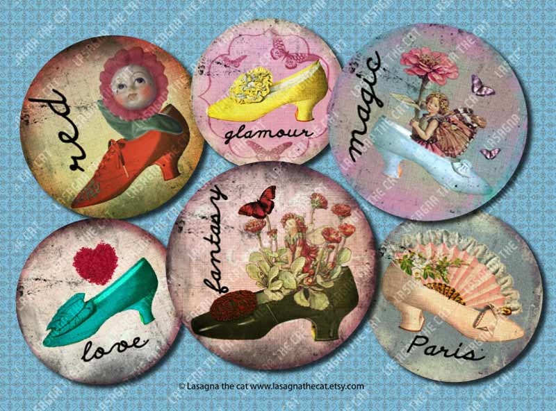 ISTANT DOWNLOAD - Digital sheet vintage French style shoes kitten heels Paris printable 1 inch circle for buttons  jewelry pendants