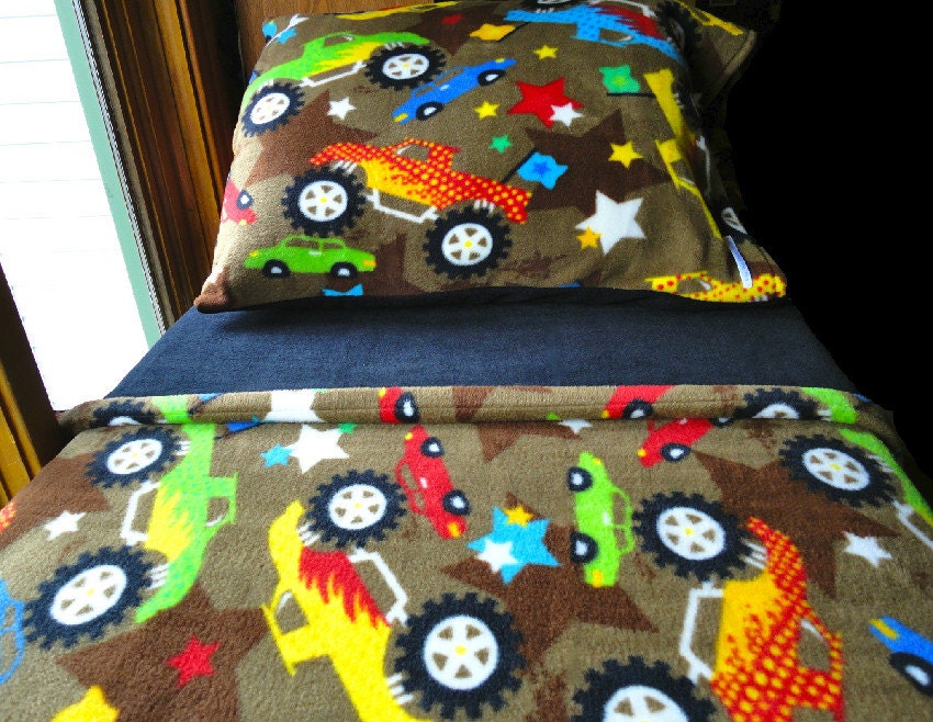 Childrens Bedding Set  'Monster Trucks with Black' Handmade Fleece Bed Set Fits Crib and Toddler Beds