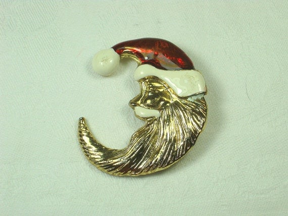 Vintage Christmas Pin Enamel Santa Moon Holiday Brooch Gift