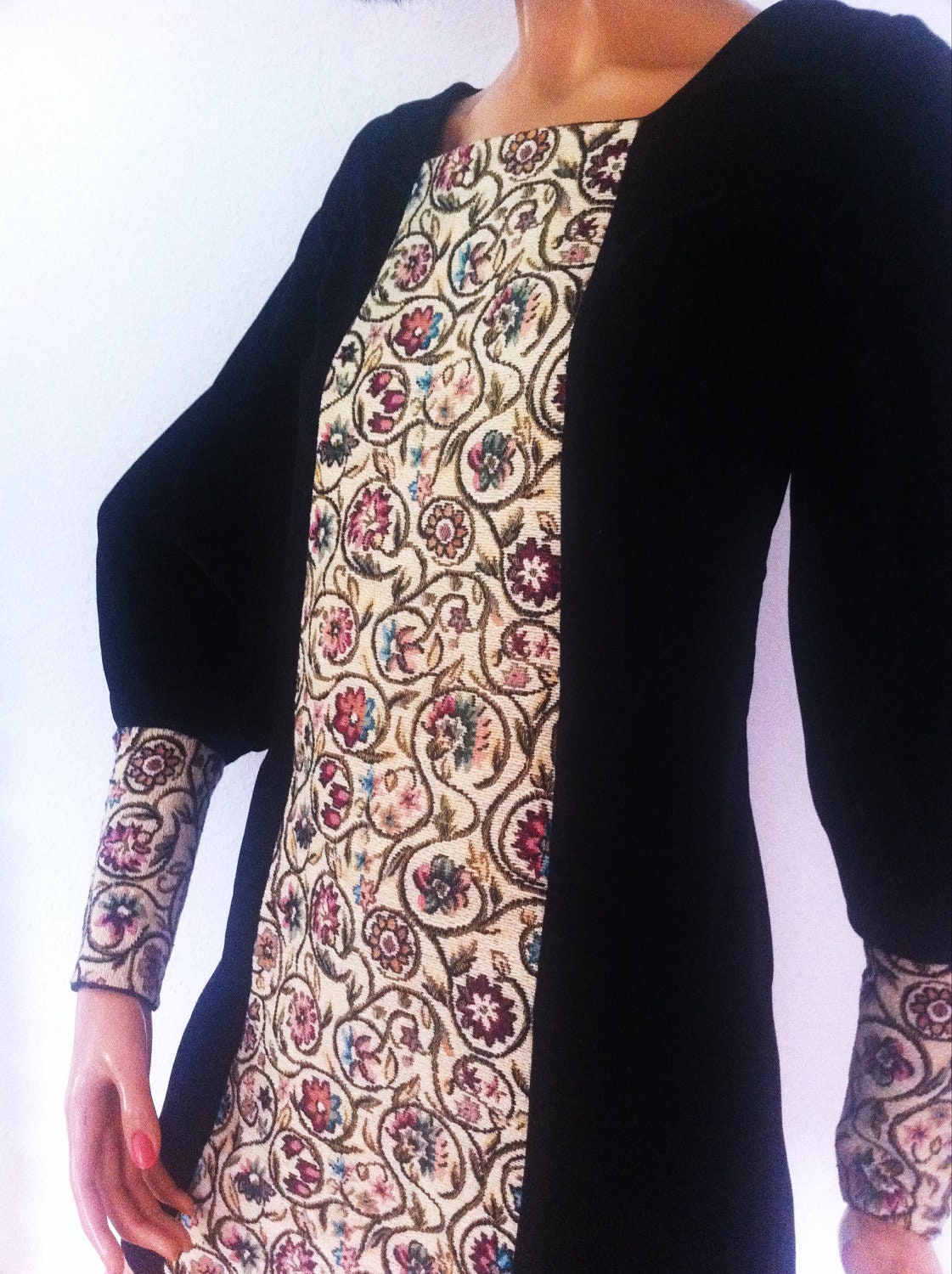 Orig 60s VELVET and TAPESTRY mini dress // long buttoned cuffs // California label