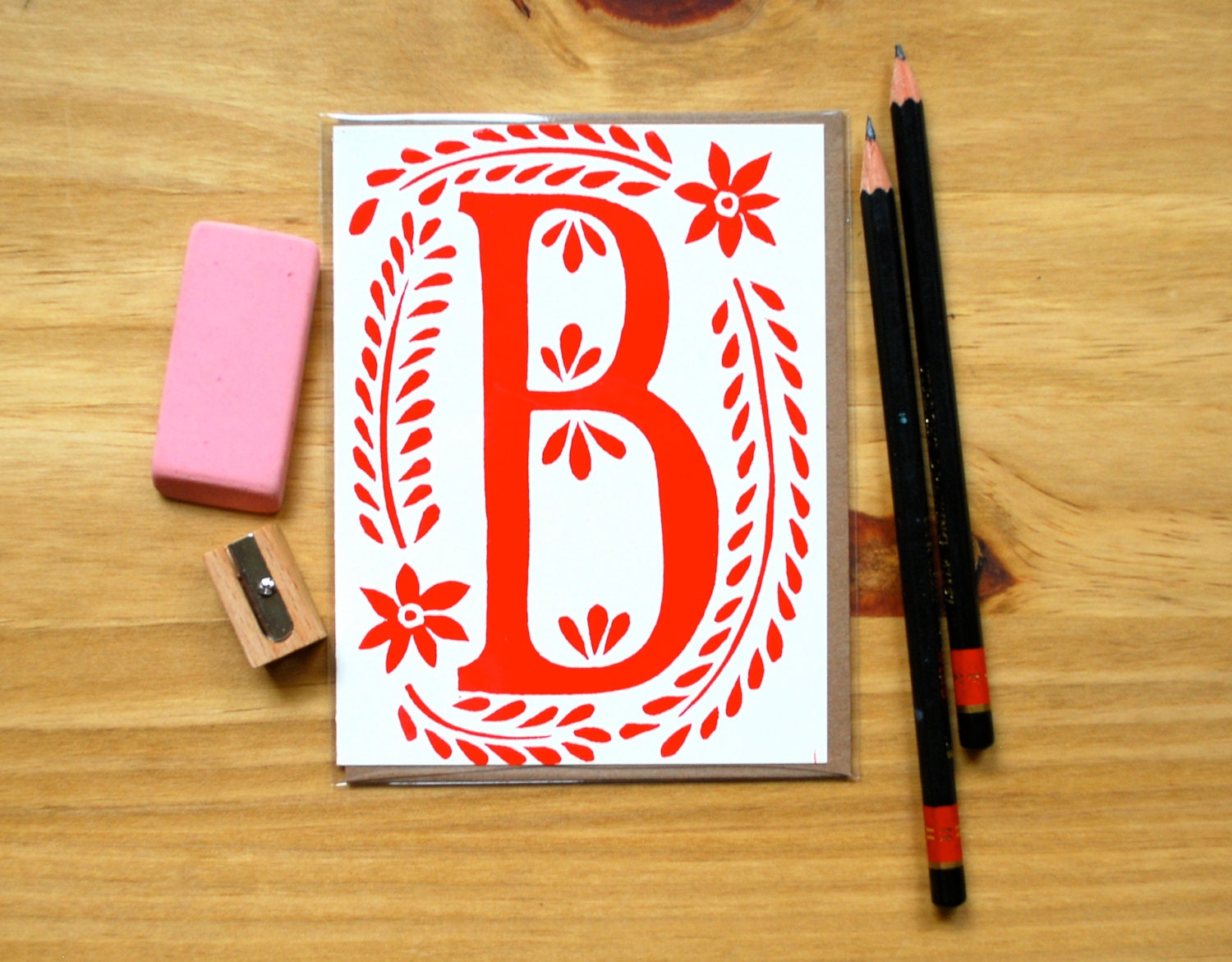 B - Single Hand Block Printed Monogram Card and Envelope