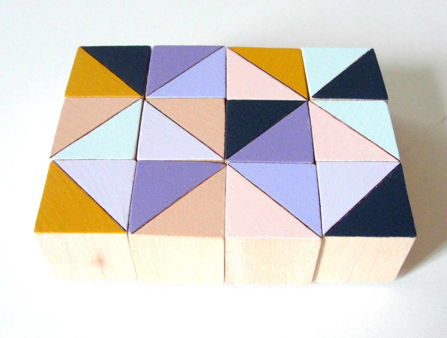12 Color Block Magnets - Hand Painted Wood Blocks in AMSTERDAM SET (Lavender, Aqua, Navy) - Geometric, Triangles, Color Block