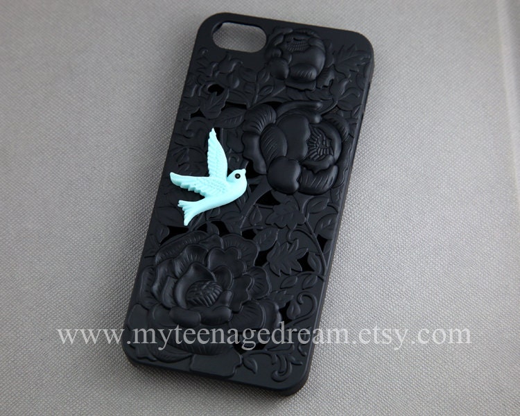 black iphone 5 case, floral Flower iphone 5 Case, blue bird on the flower black case for Iphone 5, iphone 5 hard case Cover