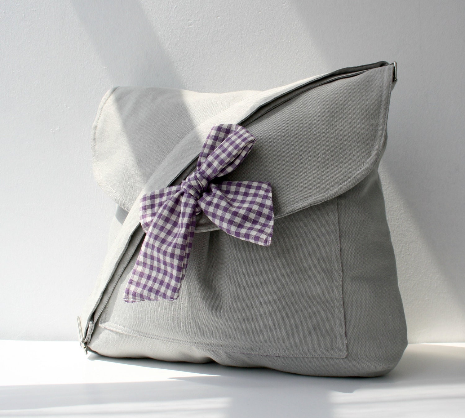 Gray Messenger  Bag  Purple and White Gingham  Bow Adjustable strap For Women For New Mom