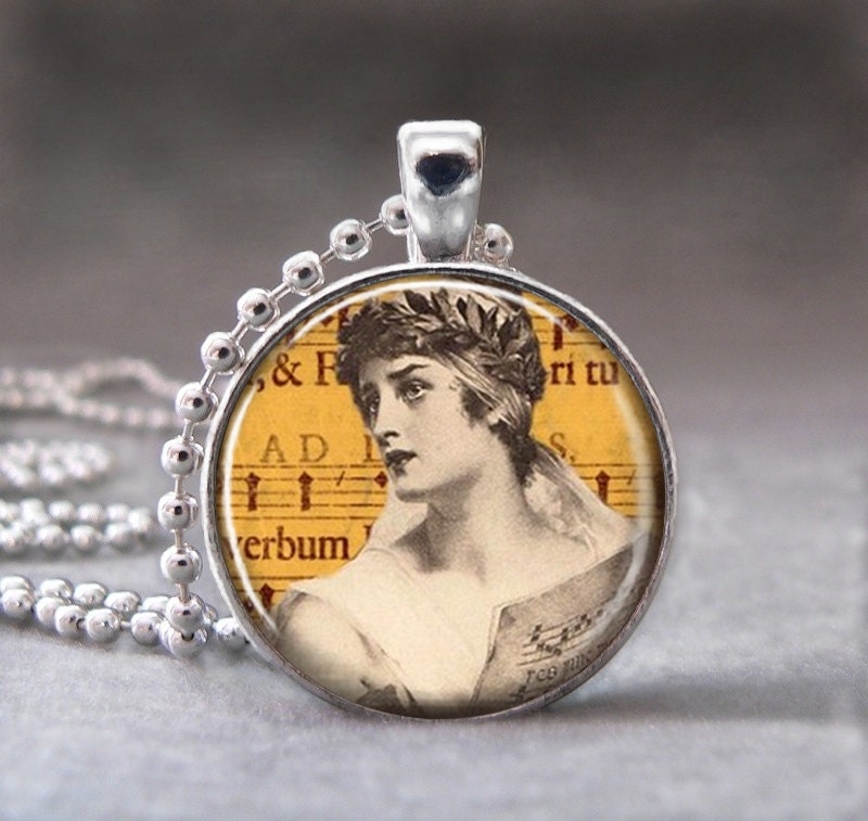 Viintage Woman with Music Background, Altered Art Glass Dome Photo Pendant Necklace with Ball Chain, 009-9