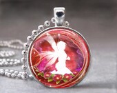 Red and White Fairy Abstract, Altered Art Glass Dome Photo Pendant Necklace - no. 058-33