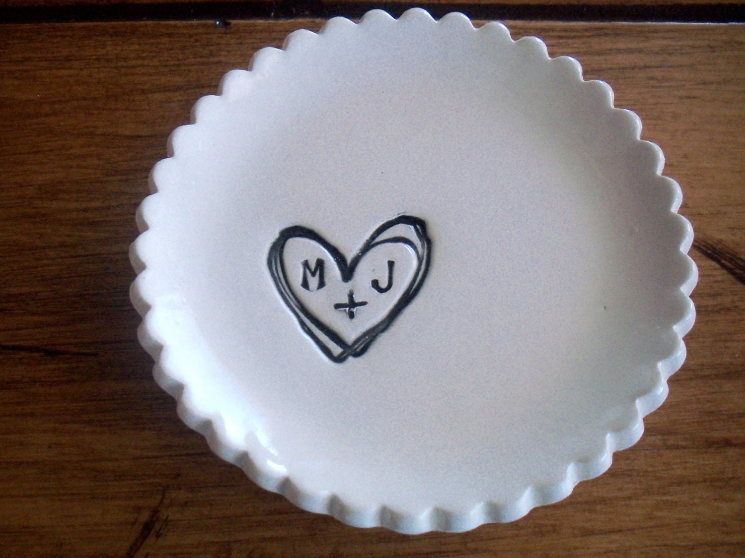 wedding ring dish, ring holder, CUSTOM Ruffled You Plus Me initial tray,  Black and White,  Gift Boxed, Made to Order