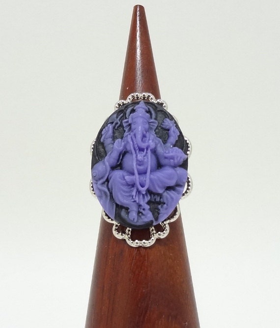 Ganesh Elephant Ring Cameo Style in Black and Purple On Silver Filigree With Adjustable Band