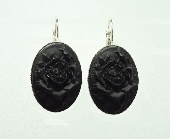 Gothic Black Rose Earrings with Lever Back Hooks
