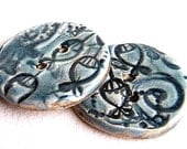 ceramic buttons abstract flower buds tendrils teal two hole