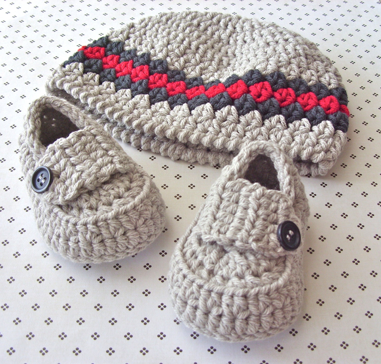 Baby Boy Beanie Striped Hat and Loafer Bootie - Infant Shower Set - Grey Size 0 to 3 Months - Size 1 Shoe - Gift Boxed