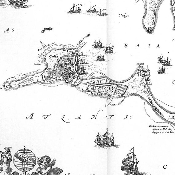 Map Bay of Cádiz Vintage Reproduction 1672   Insula Gaditana Vulgo Isla de Cádiz