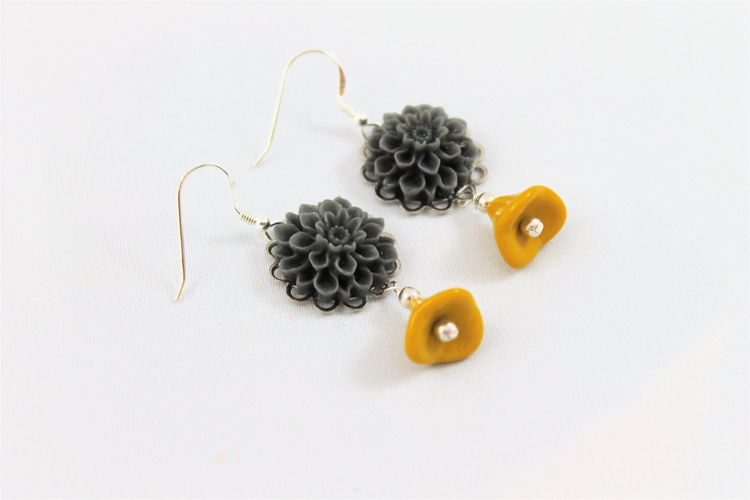 Mustard gray flower earrings gray dahlias yellow Czech flower beads sterling ear wires shabby chic vintage style