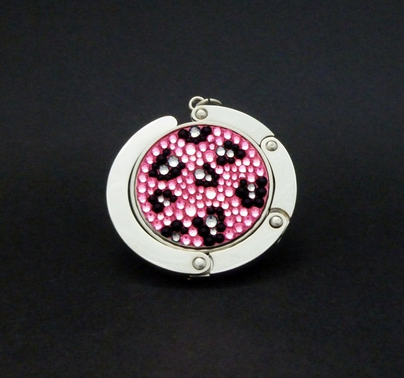 Leopard foldable bag hanger,purse hook, bag holder made with Swarovski flatback crystals - Pink