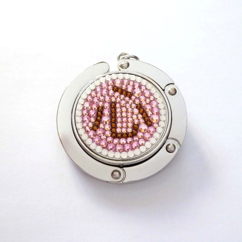 Japanese Kanji Kokoro foldable bag hanger, purse hook, bag holder made with Swarovski flatback crystals
