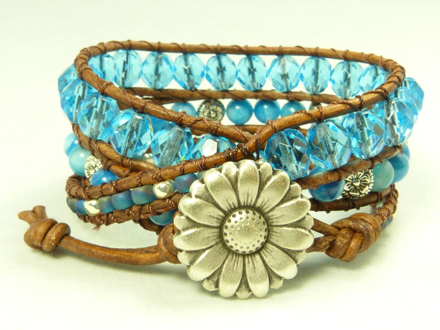 Leather beaded wrap bracelet - triple 3 wrap bracelet - Chan luu style - Gorgeous turquoise blue color with blue crazy lace agate.