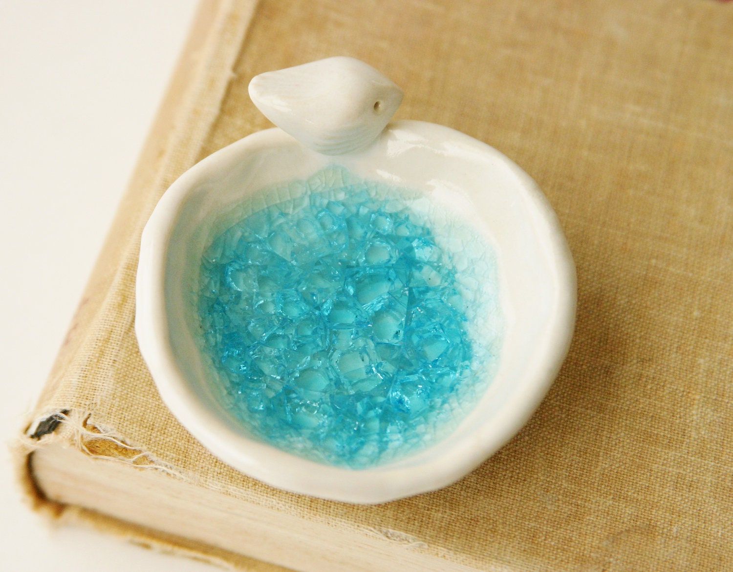 Tiny Bird Bath - French White - Crackle Aqua Glass - Ring Dish Home Decor