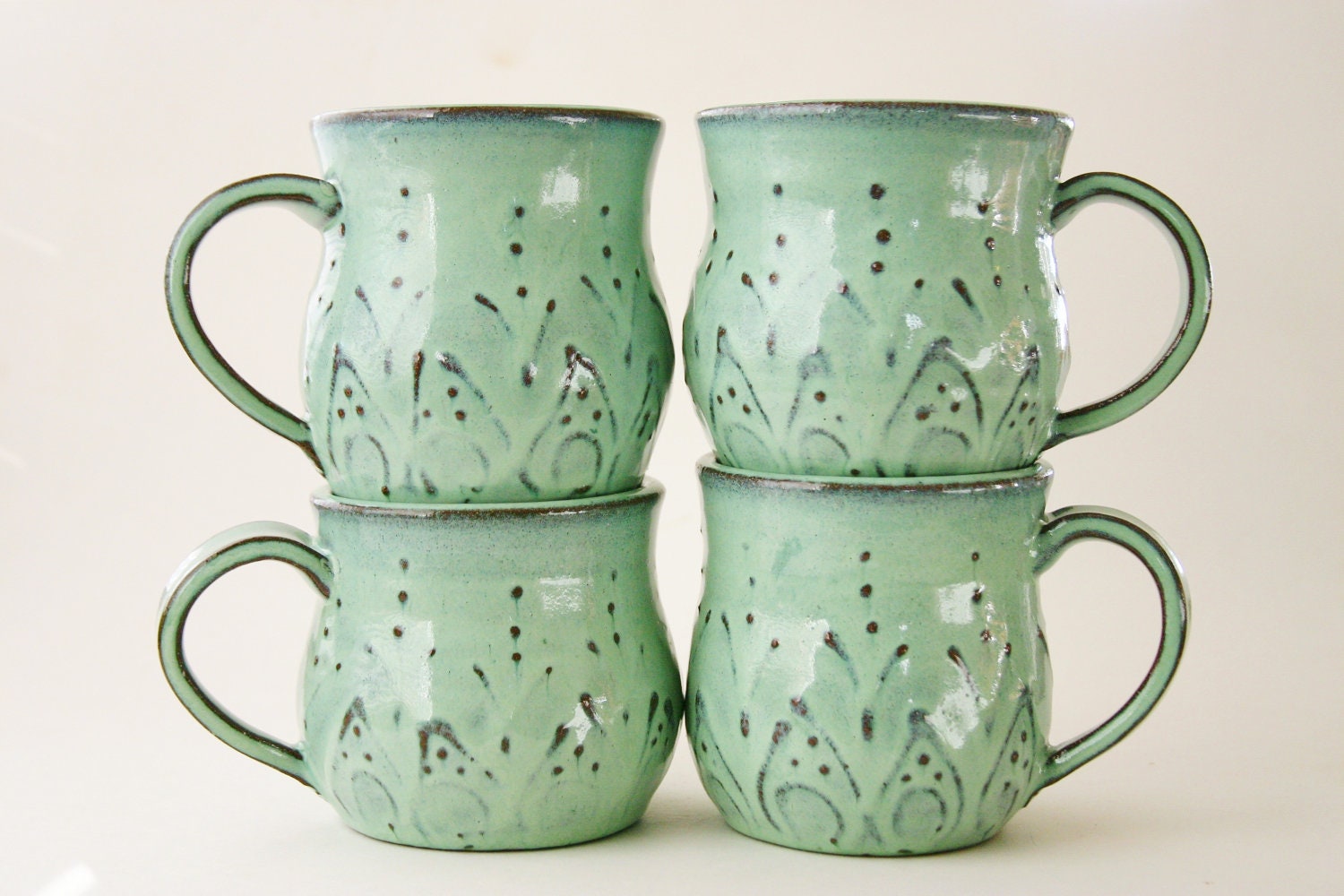 Mediterranean Ceramic Coffee Cup Mug - Set of 4 - Aqua Mist French Country Dinnerware - Hand Thrown OOAK